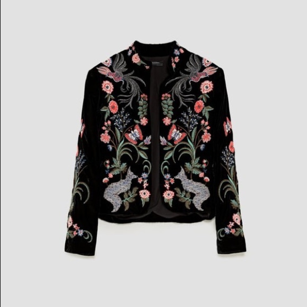 Zara Embroidered Black/Patterned Velvet Blazer, Size Large
